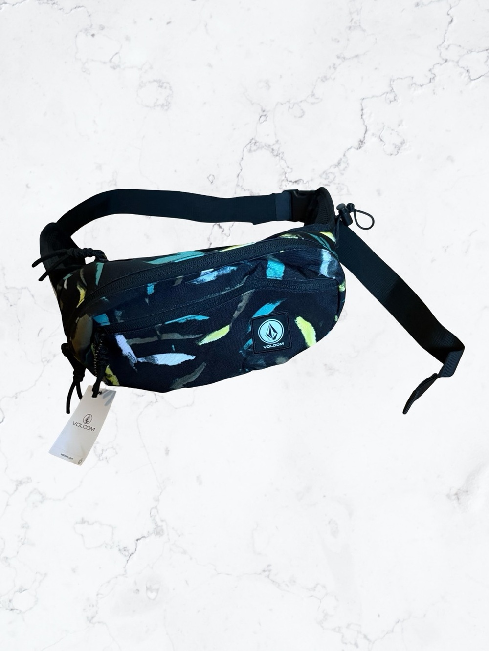 Volcom Black Waist Pack with Teal & Lime Brushstroke Accents